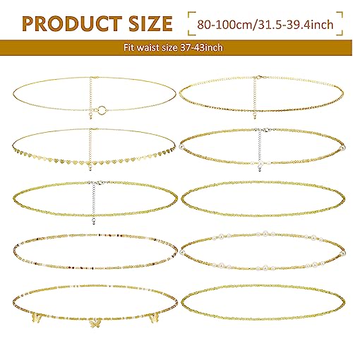 Lenwen 10 Pcs Summer Beach Belly Chain Adjustable Waist Multi Layered Chain Waist Jewelry for Women Girls Multilayer Body - color: Gold, style: Cute Style