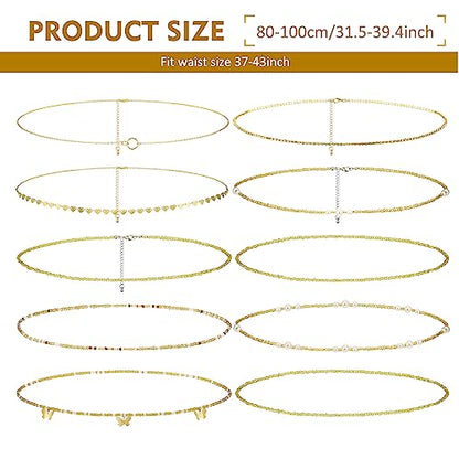 Lenwen 10 Pcs Summer Beach Belly Chain Adjustable Waist Multi Layered Chain Waist Jewelry for Women Girls Multilayer Body - color: Gold, style: Cute Style
