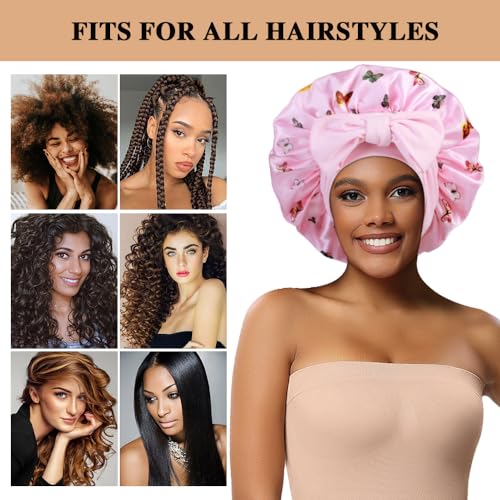 2+3 Large Satin Bonnets with Scrunchies for Women, Hair Bonnet Sleeping Tie Bonnet for Braids Curly Hair - color: H -White Butterfly, Pink Butterfly