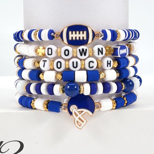 Ardorchid Halloween Bracelets for Women Pumpkin Ghost Steleton Bat Skull Beaded Stackable Stretchy Bracelet Rugby Thanksgiving Christmas Heishi Bracelets - color: Game Day-Blue