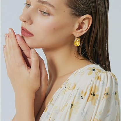 14K Gold Teardrop Crystal Leverback Earrings Sparkly Rhinestone Water Droplet Dangle Drop Earrings For Women - color: Orange