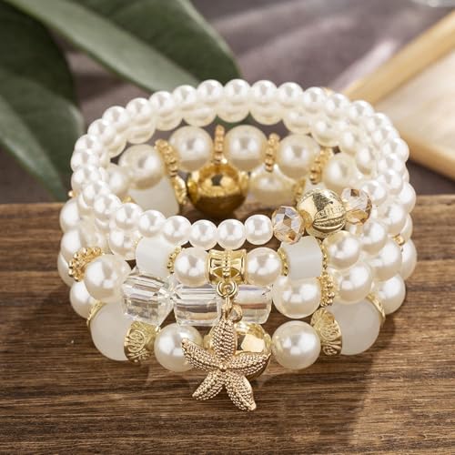 Bohemian Pearl Bracelet Set, 4 Piece Elastic Stretch Beaded Wrist Chain with Starfish Pendant, Boho Faux Pearl Multi-Color Stackable Bracelets for Women - color: Clear