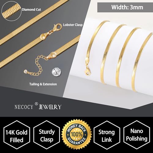 NECOCY 14K Gold Plated Necklaces for Women, Dainty Gold Herringbone Choker Necklace Thin Layered Snake Chain Jewelry for Gifts - color: 3MM 18"-GD Herringbone Necklace