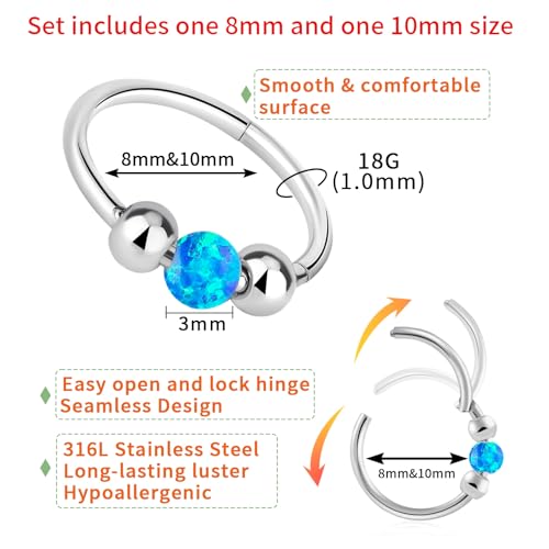 Thiswhyimbeauty 2PCS 18g Opal Nose Rings for Women Nose Hoops 8mm/10mm Hypoallergenic 316L Surgical Steel Nose Rings Piercing Jewelry Can Be Used as a Nose Ring, Septum Ring, and Cartilage Earring - color: A-Silver Blue opal