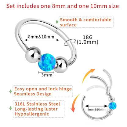 Thiswhyimbeauty 2PCS 18g Opal Nose Rings for Women Nose Hoops 8mm/10mm Hypoallergenic 316L Surgical Steel Nose Rings Piercing Jewelry Can Be Used as a Nose Ring, Septum Ring, and Cartilage Earring - color: A-Silver Blue opal