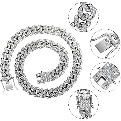 Hicarer 2 Pieces Cuban Link Chain for Men Women Cuban Necklace Bracelet Heavy Strong Link Chain Bling Unisex - color: Silver, size: 19.6 Inch, 7.87 Inch
