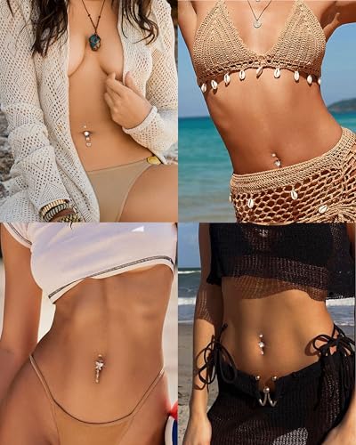 Jstyle G23 Titanium Belly Button Rings for Women 14G Internal Threaded | 14G Dangling Navel Ring, Hypoallergenic Belly Button Bar with Spacking AAAAA+ Cubic Zirconia, 10mm Bar Length Belly Piercing - color: Gold Plated: Dangling