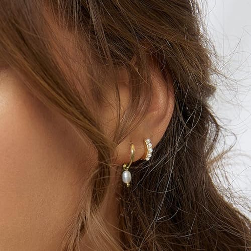 Gold Plated Earrings for Women, 14k Gold Plated Earring Stack Hypoallergenic Pearl Drop Earring Dainty Earrings for Women Trendy Cute Small Huggie Hoop Earring Fashion Womens Jewelry - color: SET1
