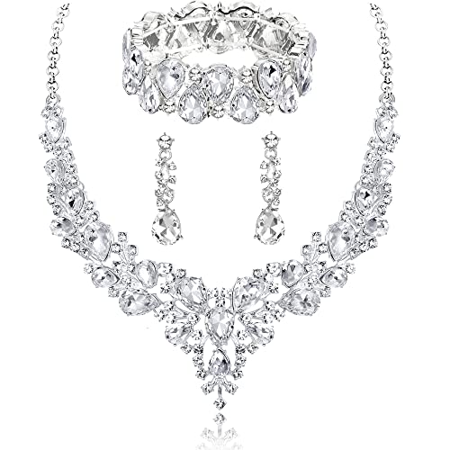Rhinestone Bridal Jewelry Sets for Women Crystal Necklace Earrings Bracelet Set Silver-Tone Wedding Bridal Bridesmaid Gifts fit with Wedding Dress - color: A:3pcs-Silver Tone Necklace + Earrings + Bracelet set
