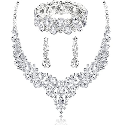 Rhinestone Bridal Jewelry Sets for Women Crystal Necklace Earrings Bracelet Set Silver-Tone Wedding Bridal Bridesmaid Gifts fit with Wedding Dress - color: A:3pcs-Silver Tone Necklace + Earrings + Bracelet set