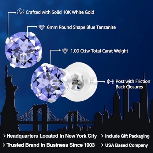 Gem Stone King 10K White Gold Tanzanite Stud Earrings For Women Men | 1.00 Cttw | Gemstone Birthstone | Round 5MM | Fine Jewelry Gifts for Women Mom Wife Her