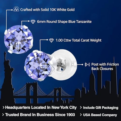 Gem Stone King 10K White Gold Tanzanite Stud Earrings For Women Men | 1.00 Cttw | Gemstone Birthstone | Round 5MM | Fine Jewelry Gifts for Women Mom Wife Her