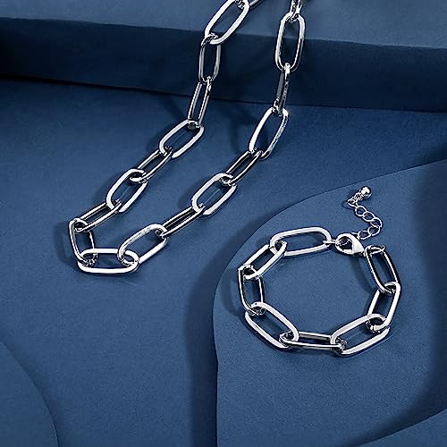 LANE WOODS Chunky Gold Necklace and Bracelet Set for Women, Paperclip Chain | Matching necklace and bracelet set, polished paperclip links, chunky statement style for layering, daily wear, and gifting - color: silver