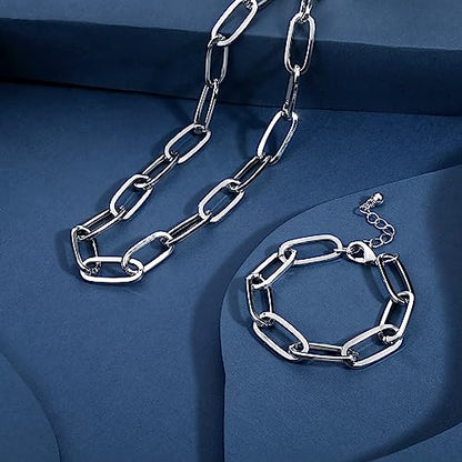 LANE WOODS Chunky Gold Necklace and Bracelet Set for Women, Paperclip Chain | Matching necklace and bracelet set, polished paperclip links, chunky statement style for layering, daily wear, and gifting - color: silver