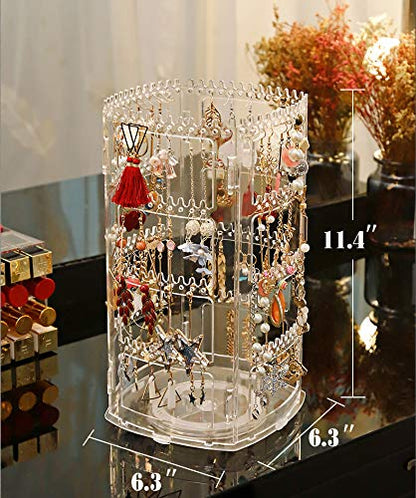 Sooyee 360 Rotating Earring Holder and Jewelry Organizer, Clear | 4 Tiers Earring Storage Display Classic Stand, 156 Holes and 160 Grooves for Necklaces Earrings Piercings - color: Clear
