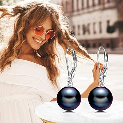 925 Sterling Silver Pearl Leverback Earrings Dangle Drop Jewelry Gifts for Women - style: Black Pearl