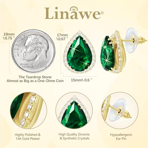 Linawe Women Stud Earrings, Teardrop Diamond Moissanite Cubic Zirconia Earrings Studs Rhinestone Jewelry Gold/Silver/Rose Gold - color: Gold,May