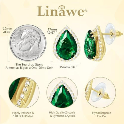 Linawe Women Stud Earrings, Teardrop Diamond Moissanite Cubic Zirconia Earrings Studs Rhinestone Jewelry Gold/Silver/Rose Gold - color: Gold,May