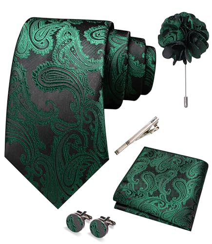JEMYGINS Mens Paisley Tie and Pocket Square,Lapel Pin,Cufflinks,Tie Clip Sets with Gift Box 5PCS - color: Emerald Green/Black