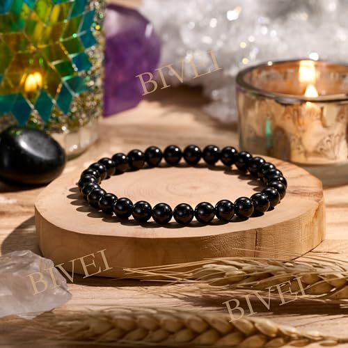 Bivei 6mm Beaded Bracelets for Women Handmade Semi Precious Natural Stone Stretch Elastic Jewelry Yoga Protection Gifts - color: Black Tourmaline - Protection & Grounding, size: Large 8-8.27 inch