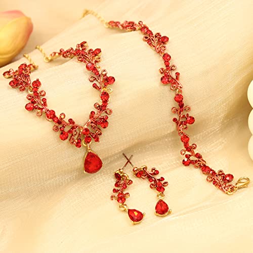 3Pcs Austrian Crystal Jewelry Set for Women, Necklace Dangle Earrings Link Bracelet Jewelry Set with Gold/Platinum/Gun Plated, Wedding Party Jewelry for Bridal Bridesmaid - color: Red-Gold Plated