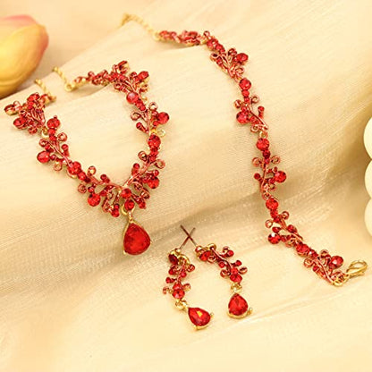 3Pcs Austrian Crystal Jewelry Set for Women, Necklace Dangle Earrings Link Bracelet Jewelry Set with Gold/Platinum/Gun Plated, Wedding Party Jewelry for Bridal Bridesmaid - color: Red-Gold Plated
