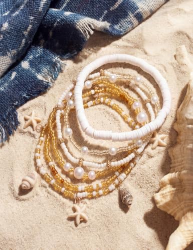 JeryWe 6Pcs Ankle Bracelets for Women - Waterproof Beaded Anklet Bracelet Set, Layered Boho Starfish Seashell Beach Jewelry, Handmade Summer Elastic Anklet - style: White-Conch