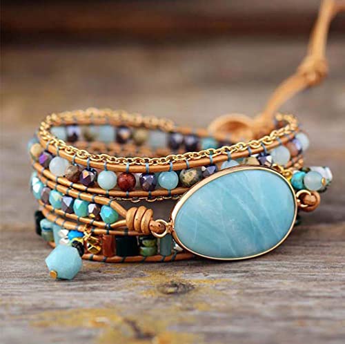 Women Wrap Bracelet Boho Natural Jasper Crystal Stone Beads Strand Bracelets - color: Style 16-Amazonite