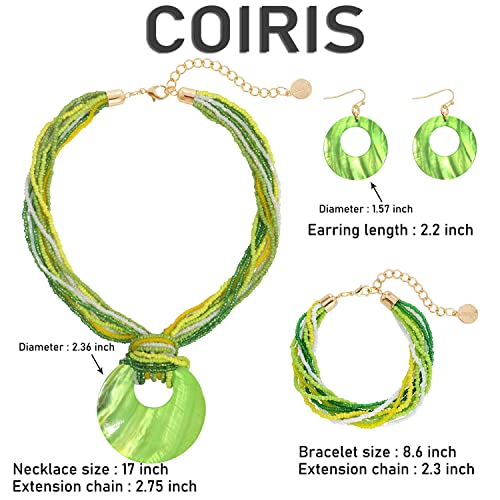 Coiris Multi Strand Statement Colorful Beaded Necklace with Big Circle Shell Pendant for Women - color: ST0012-Jasmine Green