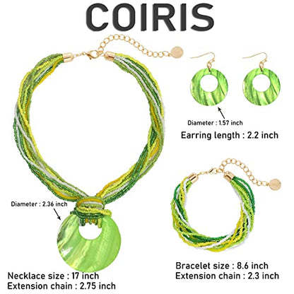 Coiris Multi Strand Statement Colorful Beaded Necklace with Big Circle Shell Pendant for Women - color: ST0012-Jasmine Green