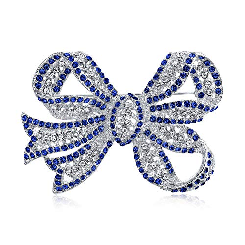 Victorian Vintage Style Winter Wedding Holiday Royal Blue White Glittering Crystal Pave Bridal Fashion Large Statement Filigree Ribbon Bow Scarf Brooch Pin For Women Silver Rose Plated - color: Silver Blue