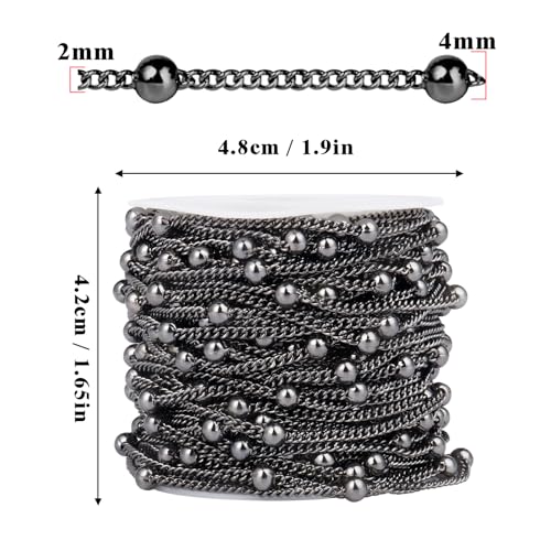 33FT 2mm Gunmetal Black Satellite Bead Chains Roll Bulk for Jewelry Making | 304 Stainless Steel Black Ball Beaded Twisted Curb Link Chains Spool for DIY Craft - color: Black Big Beads Satellite Curb Chain