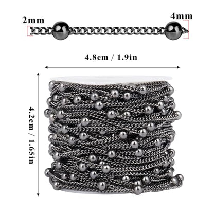 33FT 2mm Gunmetal Black Satellite Bead Chains Roll Bulk for Jewelry Making | 304 Stainless Steel Black Ball Beaded Twisted Curb Link Chains Spool for DIY Craft - color: Black Big Beads Satellite Curb Chain