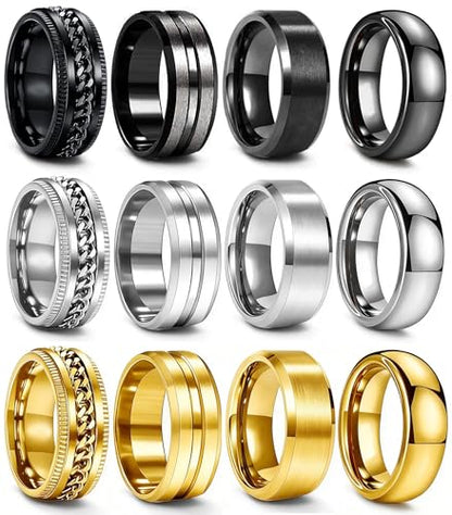 EIELO Stainless Steel Rings for Men Wedding Ring Cool Simple Band 8MM Width 12 Pcs A Ring Set Size 7-12