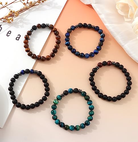 MOZAKA 12Pcs 8mm Natural Stone Lava Rock Beaded Bracelets for Men Women Tiger Eye Hematite Black Onyx Matte Beads Essential Oil Diffuser Lava Stone Bead Bracelets Bulk
