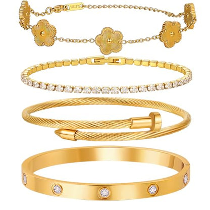 18 K Gold Plated Love Bangle Bracelet Stack for Women,Set of 4 Floral Clover Chain, Tennis Crystal &Gold Stackable Bangle Bracelet -Adjustable Layered Jewelry Gift for Wife Valentines Mother's Day-MVCOLEDY - color: Gold