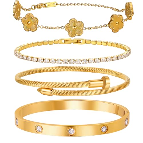 18 K Gold Plated Love Bangle Bracelet Stack for Women,Set of 4 Floral Clover Chain, Tennis Crystal &Gold Stackable Bangle Bracelet -Adjustable Layered Jewelry Gift for Wife Valentines Mother's Day-MVCOLEDY - color: Gold