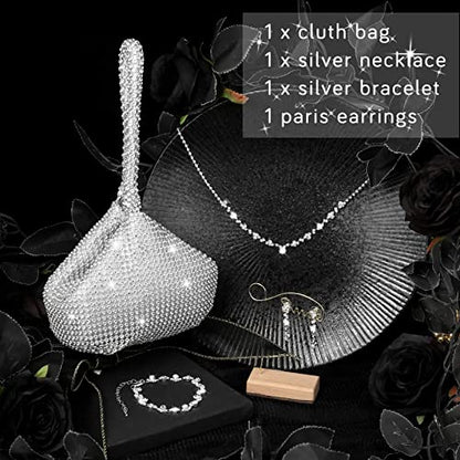 4 Pcs Silver Clutch Purse Jewelry Set for Women Rave Accessories Evening Rhinestone Purse Silver for Bride Wedding - style: Charming Style