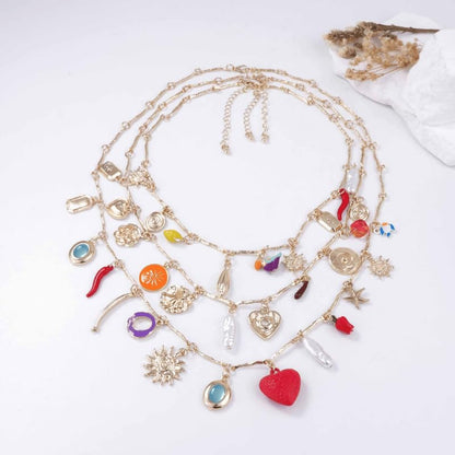Multi Layer Gold Chain Sun Pendant Necklace - With Heart-Shaped and Coin Flower Design -3-Piece Set of Colorful Mixed Pendant Necklace