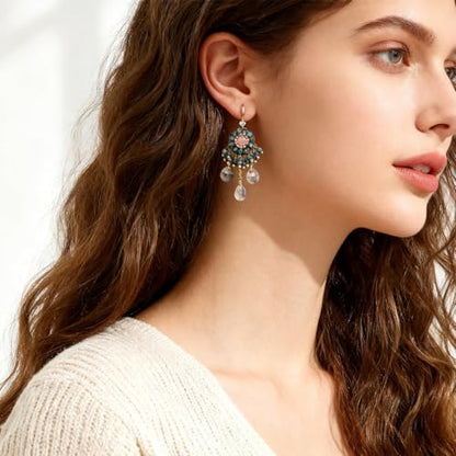 Fringe Dangling Tassel Earrings for Women, Handcrafted Chandelier Long Bohemian Beaded Cubic Zirconia Crystal Imitation Pearls Inlay Statement Boho Chain Hook Earrings for Wedding Party - color: Pink Blue Drop