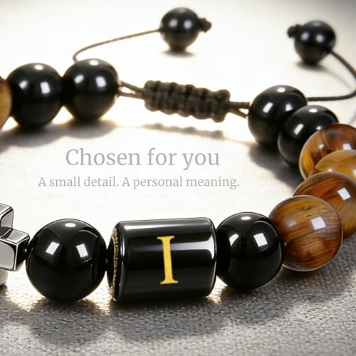 Initial Mens Bracelet with Cross - Religious Faith Beaded Bracelt Gift for Him Man Male Friend, Adjustable Tiger Eye Black Onyx Beads Braclet for Birthday Confirmation Sponsor Anniversary - color: Braided Rope-I