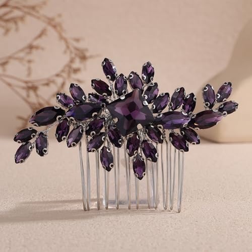 Square Rhinestone Hair Comb Silver Gold Rhinestone Wedding Headpiece Handmade Crystal Bridal Hair Comb Bridal Hairpiece for Brides Bridesmaid (purple) - color: purple