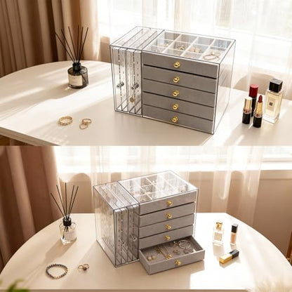 grey Jewelry Box Organizer, Transparent Acrylic Case with Velvet-Lined 5 drawers and 2 side drawers, Versatile Compartments for Earrings, Rings, Necklaces, Bracelets - color: Grey