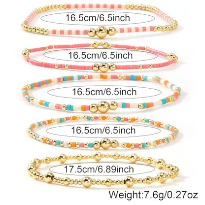 14K Gold Plated Beaded Bracelets Stack Set for Women,Stretch Boho Ball Jewelry Friendship Trendy - color: Gold pink