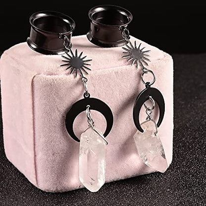 2PCS Moon-Pendant Natural Stone Stainless Steel Dangle Ear Plugs Tunnels Stretcher Piercing Body Jewelry - size: 25mm(1")