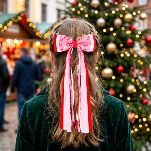 2PCS Christmas Long Streamer Hair Bow Clips, 3.54 Inch Grosgrain Ribbon Bow | Red and White Sequin, Candy Cane Pattern, Lined Alligator Clips XMAS Hair Accessories for Ponytail Styling - color: Red Candy Cane