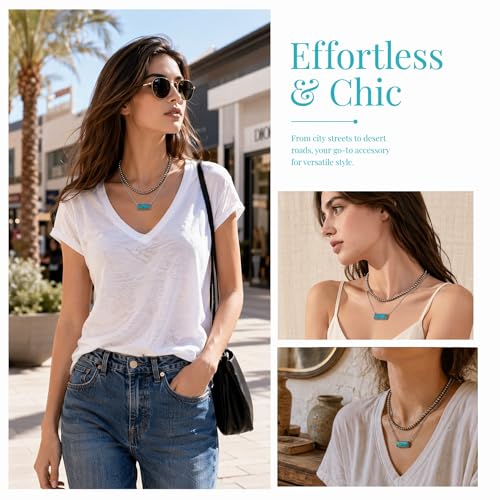 Layered Western Necklace for Women Silver Beaded Choker with Turquoise Bar Pendant Boho Country Jewelry Pearl Necklaces an Ideal Present for Her
