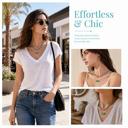 Layered Western Necklace for Women Silver Beaded Choker with Turquoise Bar Pendant Boho Country Jewelry Pearl Necklaces an Ideal Present for Her