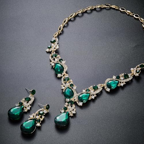 Women's Wedding Bridal Crystal Multi Teardrop Cluster Statement Necklace Dangle Earrings Set - color: Emerald Color Gold-Tone