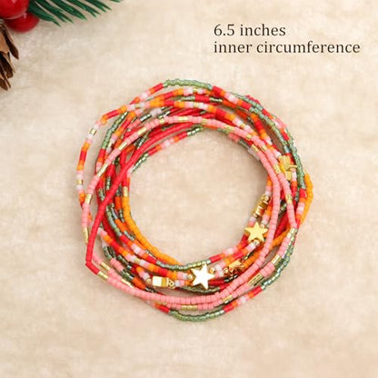 Gold Seed Beaded Bracelets Set for Women, Boho Handmade Friendship Stretch Summer Beach Jewelry Gift. - color: Fall Orange Red Green